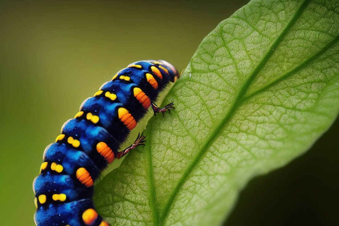 blue and orange caterpillar on a green leaf